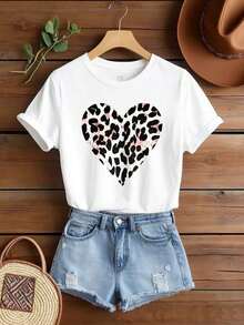 Camiseta Casual de Algodón con Cuello Redondo y Estampado Gráfico para Mujer, Opciones en Blanco y Negro, Diseño con Estampado de Corazón y Leopardo, Ropa Casual, Camisetas Holgadas de Manga Corta para Primavera, Camisetas Básicas de Moda de Verano, Regalo de Ropa para Mujer, 100% Algodón, Duradera - Blanco - Ver 2