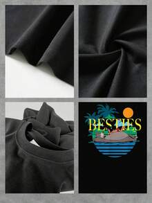 Ilustración de amistad entre un niño y un oso descansando bajo el sol entre palmeras simbolizando unión y momentos felices en la naturaleza camiseta de mujer  cómoda cuello redondo casual para verano - Negro - Ver 4