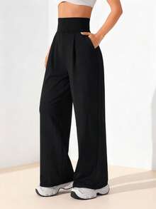 Women's Black Polyester High Stretch Wide Leg Long Pants For Casual & Party Wear, Stylish And Comfortable Fashion Trousers. - 黑色 - 查看 5