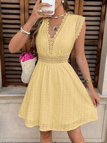 Frenchy Vestido corto casual elegante de mujer de unicolor con contraste de encaje y mangas farol - Albaricoque - Ver 8