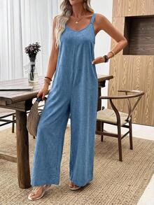 Mono ancho de pierna suelta de unicolor caqui para mujer, mono informal, mono de pierna ancha, mono para vacaciones, mono informal para mujer - Marrón - Ver 8