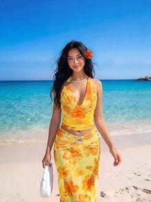 Top de tirantes asimétrico con decoración metálica y estampado floral sexy para vacaciones - Amarillo - Ver 1