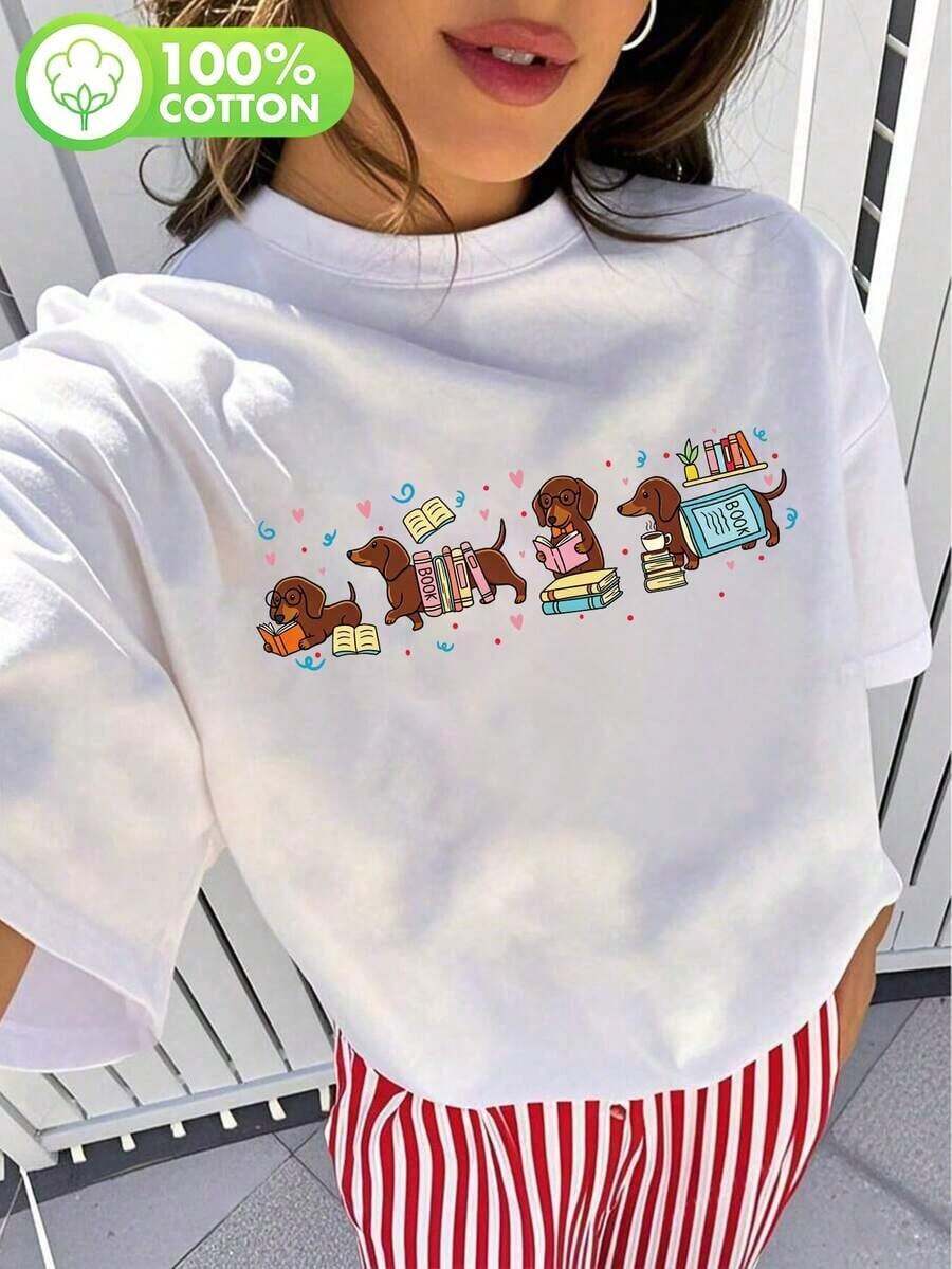 ropa de mujer  Dachshund Book Lover Print T-Shirt |   Camiseta de algodón puro con cuello redondo y diseño de perrito  leyendo, camiseta holgada informal para mujer, camiseta de manga corta - Blanco - Ver 1