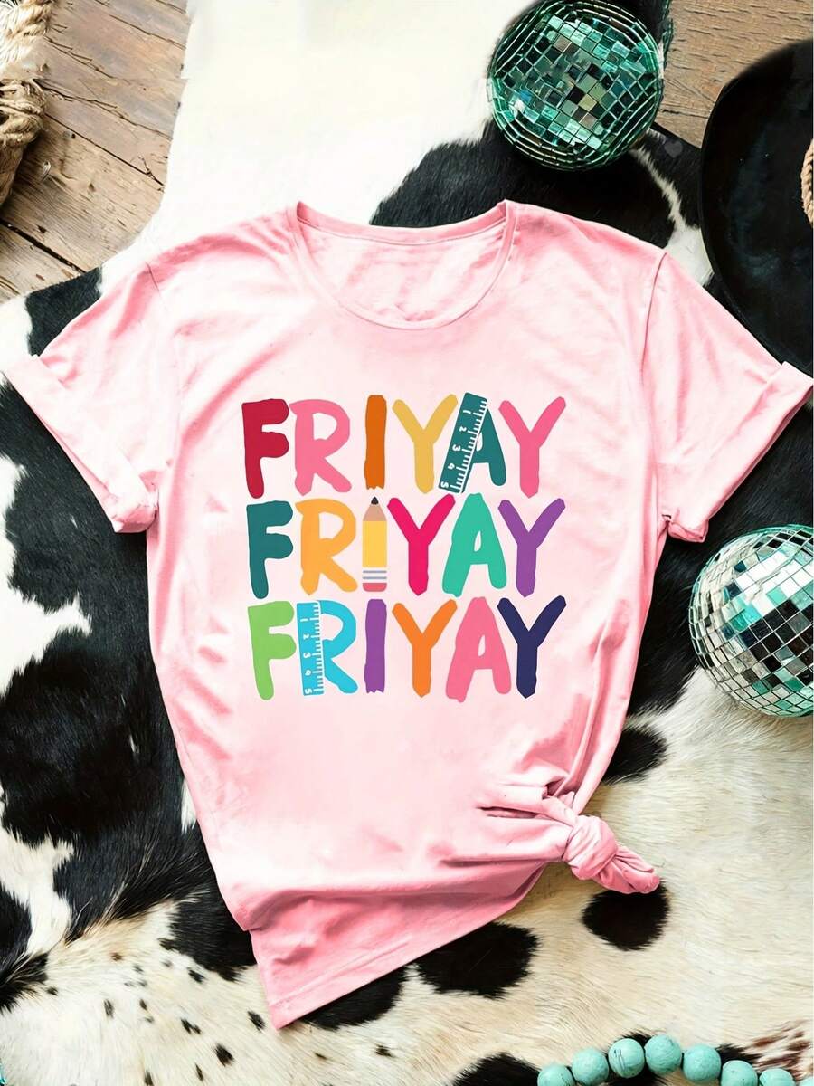 Camiseta de Mujer "Happy Friyay Friday Teacher Mom Life" - Top Casual de Manga Corta y Cuello Redondo con Letras "FRIYAF" - Blusa de Primavera y Verano para Mamás y Educadoras - Rosa - Ver 1