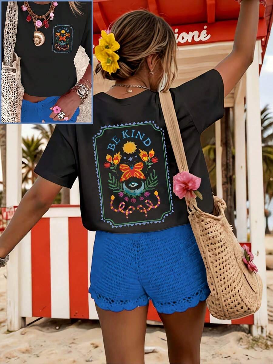 Camiseta de mujer, estilo casual urbano, estampada, de manga corta, blusa linda de verano para ropa de vacaciones de mujer, ropa de verano para mujer, atuendo de primavera para mujer, blusa para mujer - Camiseta vintage de estilo urbano unisex, holgada, de algodón, de manga corta y cuello redondo, blusas para mujer. blusas.blusas casuales para dama. - Negro - Ver 1