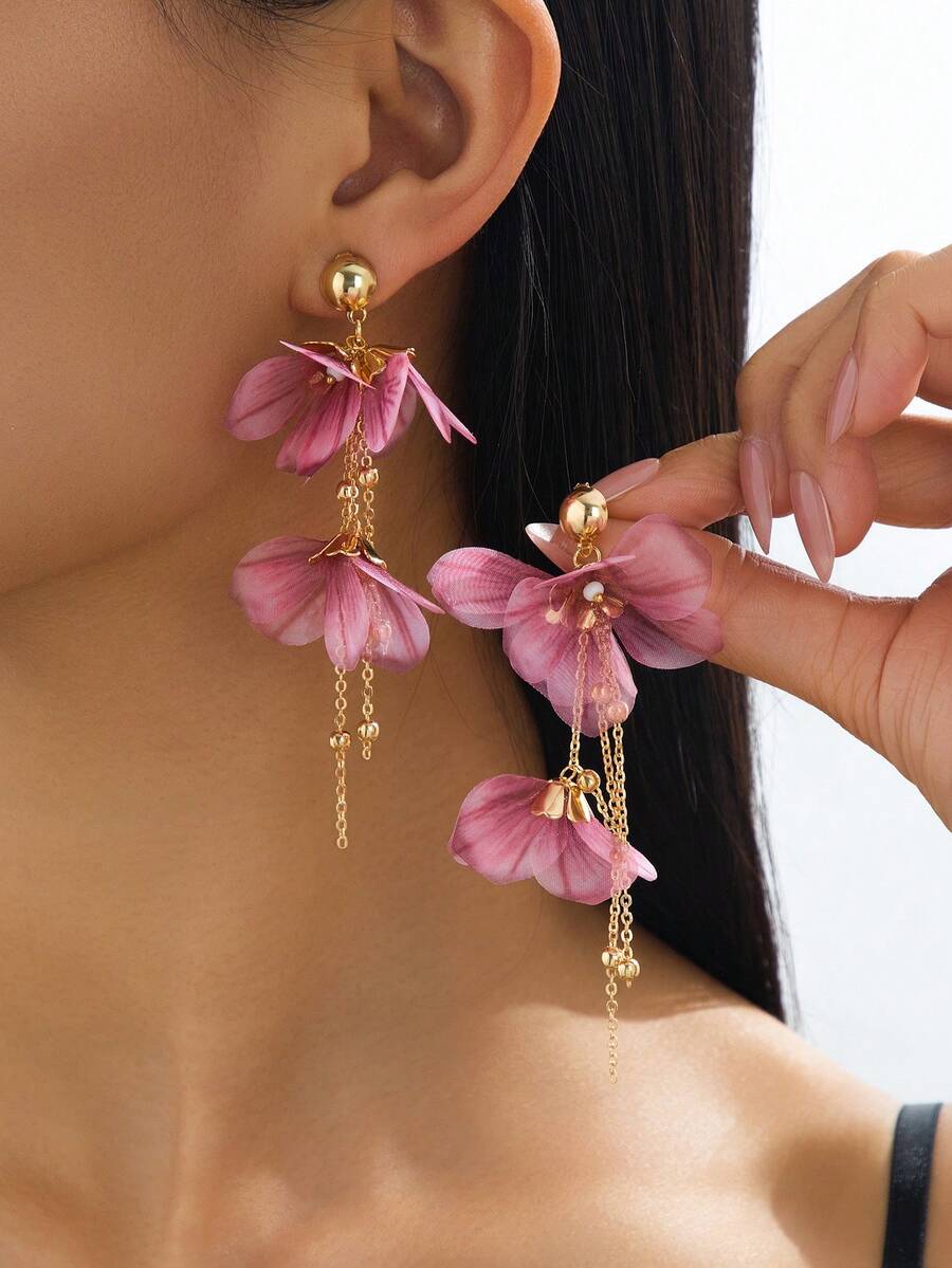 1 Pair Fashionable Beach Vacation Boho Tassel Floral Dangle Earrings, Suitable For Seaside, Travel, Casual Holidays, Delicate Gift - Hot Pink - View 1