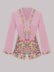 Women's Elegant Romantic Embroidered Floral Button-Up Cardigan, Long Sleeve Pink Fall - Pink - View 1