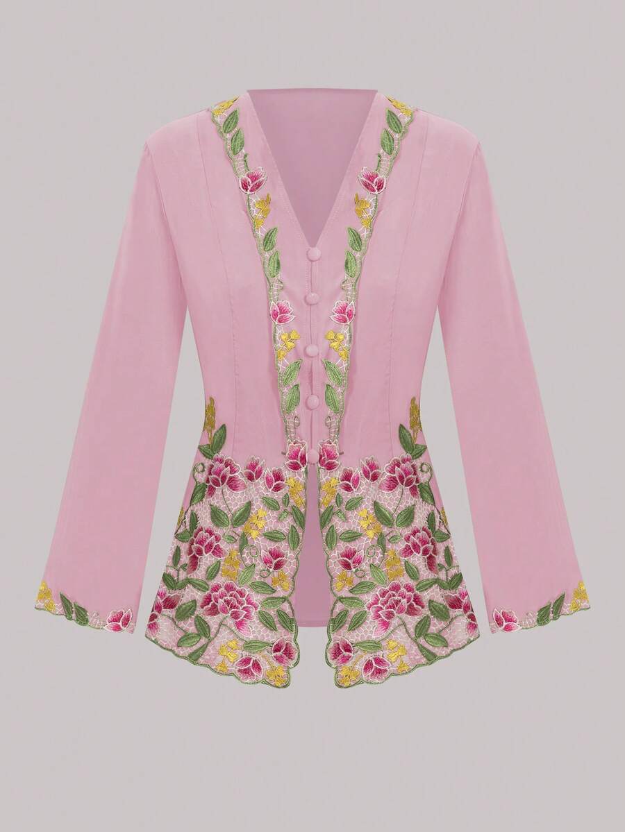 Women's Elegant Romantic Embroidered Floral Button-Up Cardigan, Long Sleeve Pink Fall - Pink - View 1