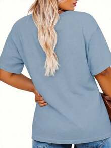 Plus Size Women's Mid-Length Short-Sleeve T-Shirt, Casual And Loose Style, With "New York" Letter Print On The Round Neck - 藍色的 - 查看 2