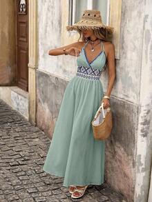 YHHBrillora Vestido largo de vacaciones con estampado geométrico jacquard sin espalda para mujerYHH - Verde - Ver 4
