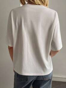 Blusa básica de manga corta, cuello redondo, corte holgado, para mujer, otoño/invierno - Blanco - Ver 2