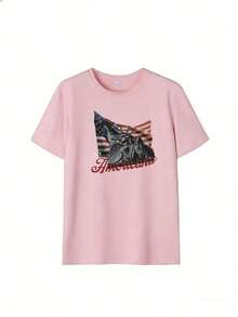 Camiseta con Estampado de la Estatua de la Libertad y Bandera USA,Camiseta de manga corta de moda para primavera y verano de 2026, hecha en México, 180 gramos. Estampado de dibujos animados, modelo de pareja, apta para uso interior o exterior. Cuello redondo, unisex, ideal para oficina y ocio. Paquete de una pieza. - PK-P631577SLNDXZGY482 - Ver 2