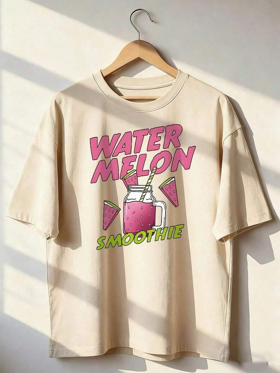 Watermelon Smoothie Design T-Shirt, Short-Sleeve T-Shirt For Spring/Summer 2026, Made In Mexico, 180 Grams. Cartoon Print, Couple Design, Suitable For Indoor Or Outdoor Wear. Crew Neck, Unisex, Ideal For Office And Leisure. One-Pack. - APR-P631577SLNDXZGY427 - 查看 1