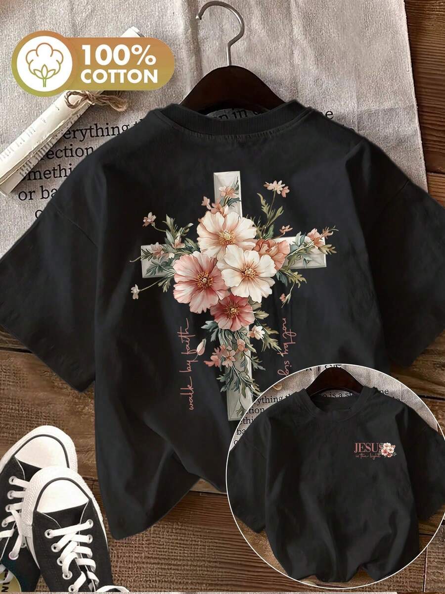Women's Casual Summer T-Shirt With Double-Sided Watercolor Print, Featuring A Cross And Flower Design, "Walk By Faith This Is", Round Neck, Short Sleeves, Ling K - 黑色 - 查看 1