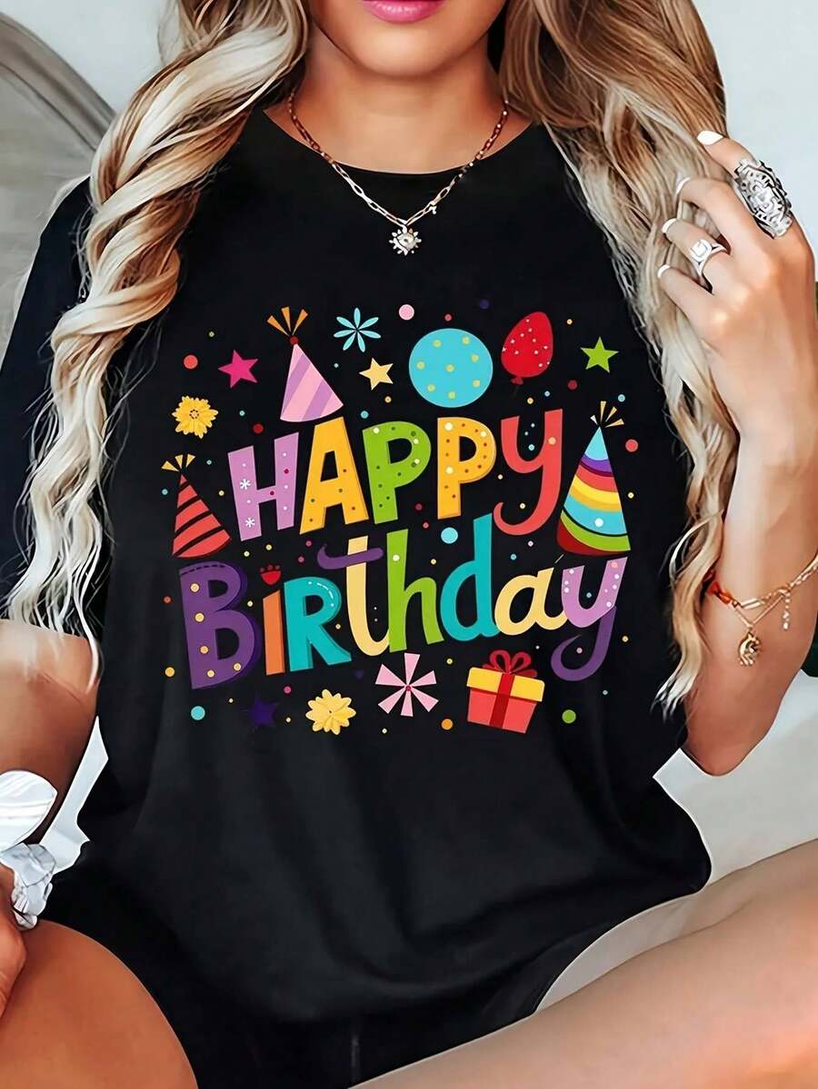 Women's Birthday T-Shirt - Black Birthday Party T-Shirt With "Happy Birthday" Text, Birthday Decorations - Soft And Breathable Fabric For Birthday Celebrations, Casual Wear, Casual Outfit - Machine Washable Birthday Gift For Women, Birthday Party Decorations, Festive Clothing, Fun Design, Comfortable Fit, Short Sleeve Top, Summer Clothes - 黑色 - 查看 1