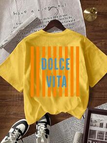 Camiseta Casual Versátil de Manga Corta con Cuello Redondo y Rayas con Letras para Mujer - Amarillo - Ver 6