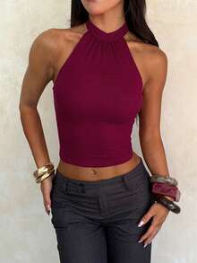 WOWDARK Women's Summer Halter Neck Backless Tight Fitted Sexy Camisole Top, Suitable For Dates, Gatherings, Parties, Travel, Vacation, Beach And Other Occasions - Burgundy - View 6
