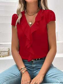 Camisa holgada de manga corta con borde de volantes y cuello en V, con parches unicolor para mujer en verano - Rojo - Ver 1