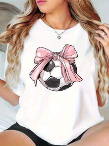 Women's Casual Short-Sleeved Sports T-Shirt With Football Print - 白色 - 查看 1