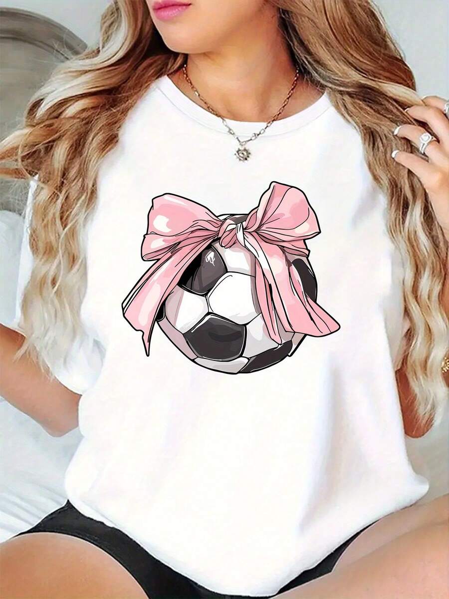 Women's Casual Short-Sleeved Sports T-Shirt With Football Print - 白色 - 查看 1