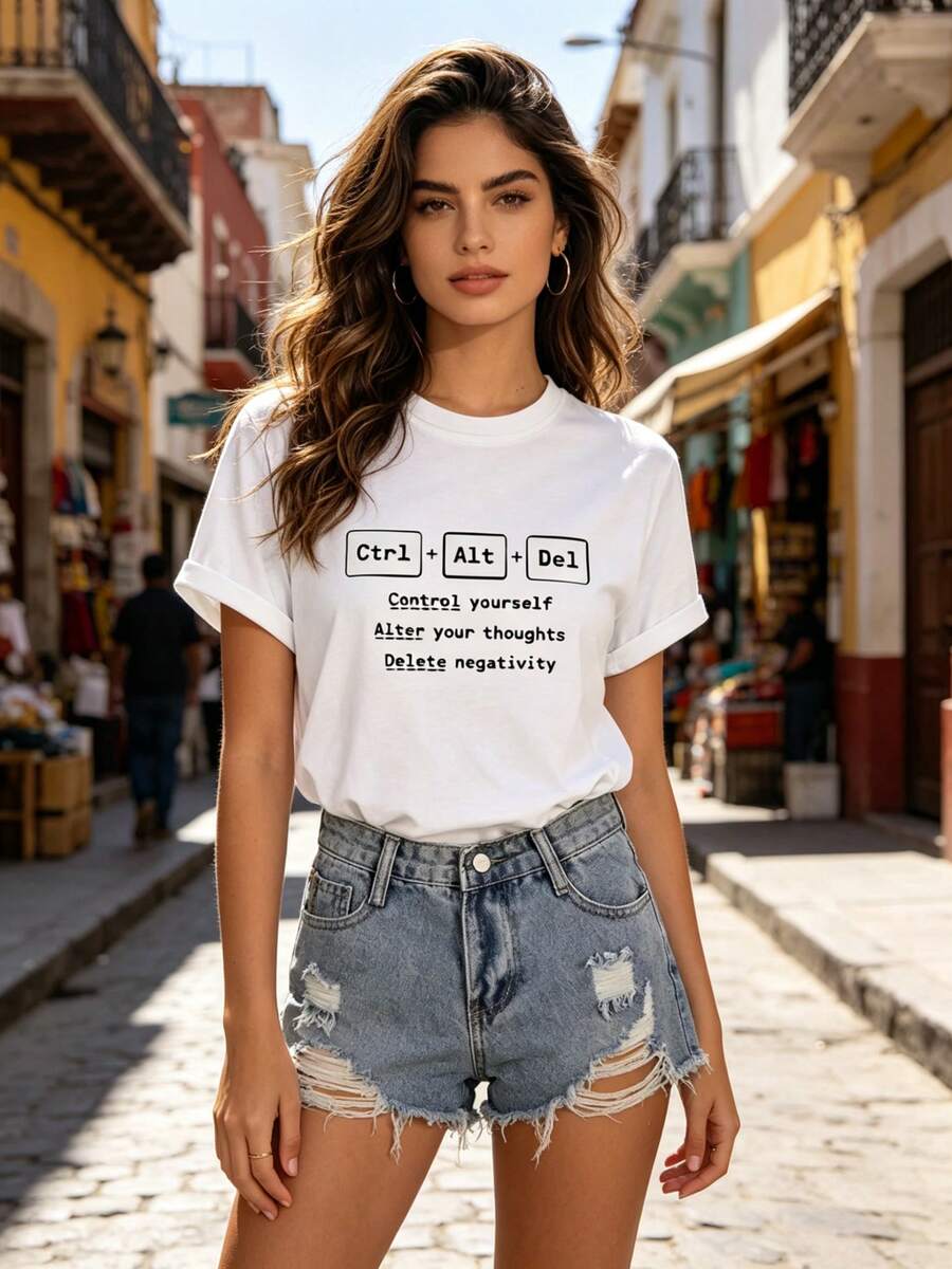 Limited Time Offer, Limited Quantity, Flash ! Women's Casual Shirt, Stylish Shirt, Women's Casual T-Shirt With "Ctrl+Alt+Del" Print - Short Sleeve, Crew Neck, Lightweight Stretch Fabric, Designed To "Control Your Behavior, Change Your Thoughts, And Eliminate Negative Emotions," Suitable For All Seasons, Loose Fit, For Everyday Wear | Fun Graphic T-Shirt | Comfortable Fit - 白色 - 查看 1