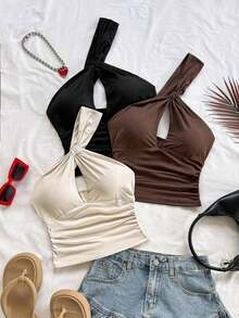 Blusa roja sexy con un solo hombro, de espalda abierta y calada, adecuada para vacaciones, festivales de música, estilo bohemio, ganchillo, lino, citas de verano - Multicolor - Ver 1