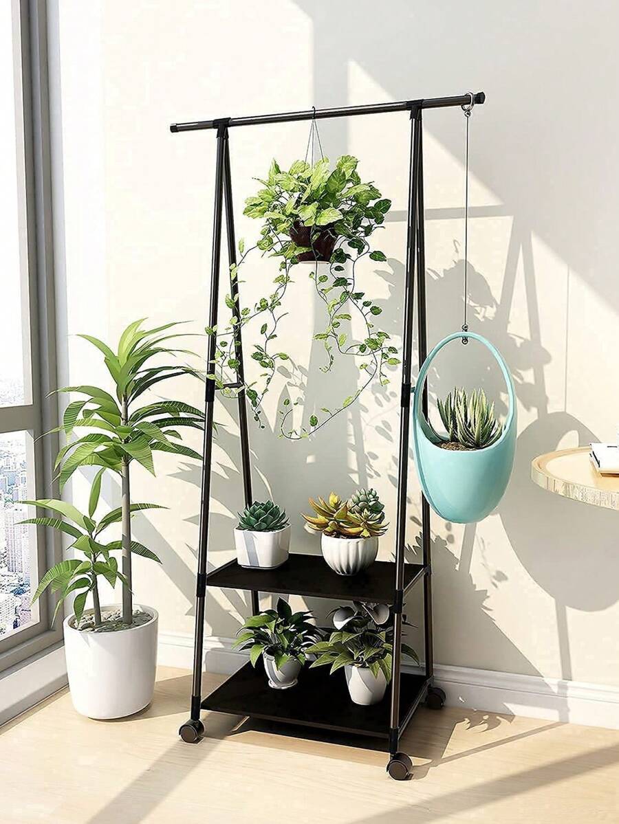 Perchero negro | Perchero multifuncional con dos estantes inferiores para guardar ropa, diseño de almacenamiento que ahorra espacio, ruedas para facilitar su desplazamiento, decoración moderna para el hogar, expositor de ropa (165 x 55 x 42 cm) - A - Ver 1