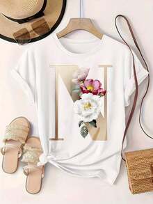 Women's Casual Short Sleeve T-Shirt - Gold Letter N Print With Floral Arrangement, Round Neck, Summer Top, Machine Washable, Ladies' T-Shirts, Casual Wear, Modern Style, Comfortable Fit

-White Blouses For Women Shirt - 白色 - 查看 3
