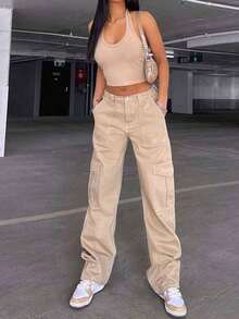 Women's Straight Leg Cargo Pants With Multiple Pockets, High-Waisted, Slim And Loose Jeans - 卡其色 - 查看 4