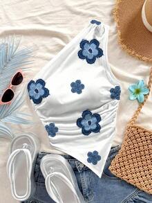 Blusa casual sin mangas con estampado floral y bajo asimétrico para mujer - Azul y blanco - Ver 5