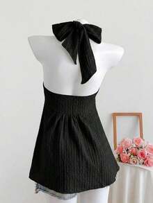 Top de tirantes con estampado de lunares marrones y detalle de nudo en la espalda para mujer, adecuado para verano, vacaciones de primavera, ceremonia de graduación, fiesta de boda, vacaciones elegantes, playa casual, estilo Y2K lindo y sexy y - Negro - Ver 2