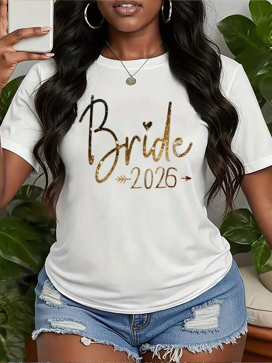 Women's Pure Cotton T-Shirt, Casual Loose Style, Short Sleeve Top For Wedding Season With Gold Text Print "Bride 2026", Round Neck, Holiday Gift, Machine Washable, Comfortable. - 白色 - 查看 1