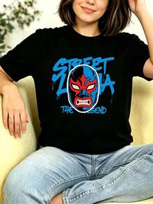 Women's T-Shirt With Vintage Mexican Wrestling Mask Design And Street Legend Pattern, Black Short-Sleeved T-Shirt For Women, With Striking Blue Graffiti Fonts And Motifs Of Professional Wrestling Culture, Casual Top Suitable For Modern Urban Fashion And Everyday Street Wear. - 黑色 - 查看 9