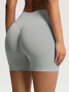 Pantalones cortos de yoga sin costuras de cintura alta para mujer - Levantamiento de glúteos elástico, adecuado para correr, fitness y actividades al aire libre| Apariencia de moda| Tela elástica de verano - Gris - Ver 6