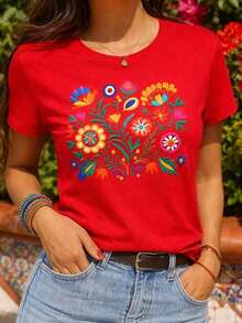Short Sleeves. Mexican T-Shirt With Colorful And Festive Floral Print, Casual Short Sleeve Top With Round Neck For Women. Leisure - 紅色 - 查看 6