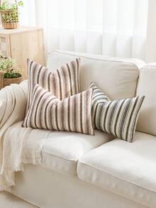 1pc Iron Red Striped Throw Pillow Cover (Pillow Insert Not Included), Modern Stylish Soft Chenille & Faux Linen Blended Dual-Color Striped Comfortable Cushion Cover, Suitable For Home Sofa, Bedroom, Decor, All Seasons - Redwood - View 9