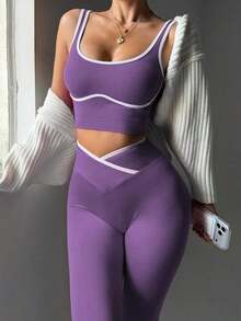 Conjunto deportivo de mujer de dos piezas con bloques de color sin costuras, malla de yoga, conjunto de fitness, conjunto de entrenamiento de dos piezas, conjunto activo de dos piezas, conjunto deportivo negro de dos piezas - Morado - Ver 7