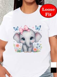 Camiseta de Manga Corta con Cuello Redondo, Estampado de Elefante Lindo y Lazo Rosa, Ropa Casual de Primavera-Verano, Tallas Grandes para Mujer - [Blanco] - Ver 2