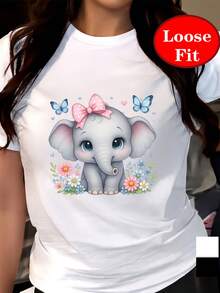 Camiseta de Manga Corta con Cuello Redondo, Estampado de Elefante Lindo y Lazo Rosa, Ropa Casual de Primavera-Verano, Tallas Grandes para Mujer - [Blanco] - Ver 6