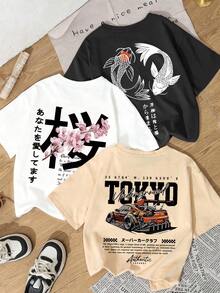 New Fun And Casual Three-Piece Set For Summer, Featuring Prints Of Cars, Tents And Japanese Cherry Blossoms, Short-Sleeved Round Neck T-Shirt, A Modern And Versatile Top For Women. - 白色 - 查看 6