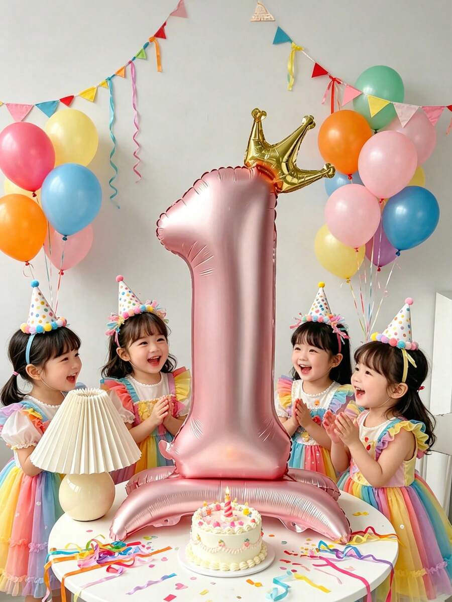 42英吋粉色直立氣球 1歲生日慶祝,奶油色數字氣球,適合0-9歲男孩女孩,週年派對嬰兒洗禮用品 - 粉色 - 查看 1
