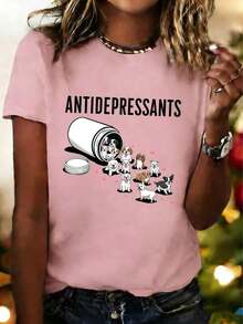 Camiseta de manga corta con cuello redondo estampada con "Anti-Depresivo" de perro lindo.Nueva camiseta de manga corta con cuello redondo holgada y versátil de estilo minimalista y casual con estampado lindo, adecuada para uso diario y de vacaciones. - Rosa - Ver 8