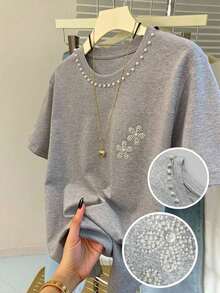 Camiseta de mujer de talla grande con estampado minimalista de corazón negro, perfecta para el Día de San Valentín, el transporte diario, regalos festivos, moda, camisetas elegantes, camisetas hermosas, regalos para hermanos, regalos para hermanas, regalos para madres, regalos del Día de la Madre, tops casuales pero elegantes - Gris - Ver 9