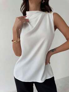 Camisa de oficina blanca sin mangas con cuello plisado asimétrico y botones metálicos, elegante y versátil para el uso diario, primavera/verano - Blanco - Ver 8