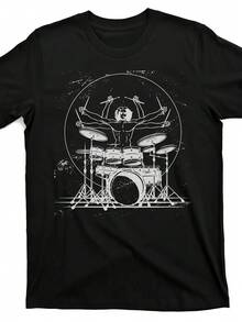 Unisex T-Shirt With Rock Band Drummer Illustration For Men And Women, Soft, Breathable, Casual, Round Neck, Short Sleeve, Comfortable Fit, Ideal For Year-Round Wear, Fun, Perfect As A Gift For Music Lovers. - 黑色 - 查看 7
