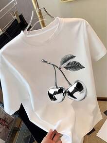 Women's Short Sleeve T-Shirt With Golden Cherry Print, Fashionable Casual T-Shirt, Elegant Feel, Versatile Casual Top For Women, Everyday Fashion | Soft And Comfortable Fabric | Women's T-Shirt For Spring/Summer - 白色 2 - 查看 7