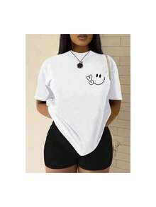 Camiseta Casual de Verano para Mujer YOCASA, con Cuello Redondo, Ajustada y de Manga Corta, con Estampado de Pintura al Óleo, Motivos Florales, de Corazones, de Cerezas y de Letras.Tela sencilla y casual, estilo deportivo, ideal para uso diario y citas de San Valentín.1 pieza, 180 g de peso, 95% poliéster, 5% spandex. - Blanco - Ver 1