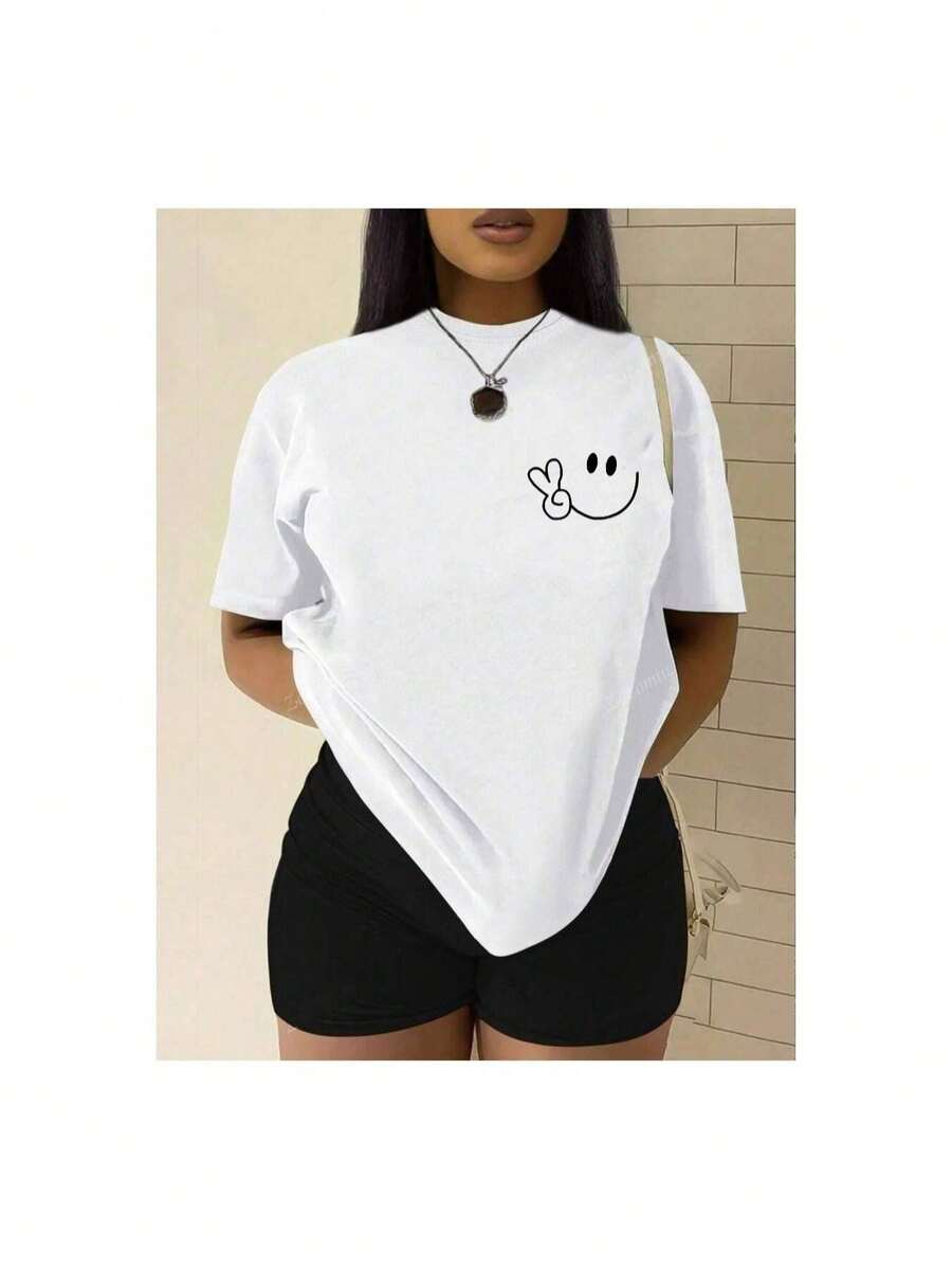 Camiseta Casual de Verano para Mujer YOCASA, con Cuello Redondo, Ajustada y de Manga Corta, con Estampado de Pintura al Óleo, Motivos Florales, de Corazones, de Cerezas y de Letras.Tela sencilla y casual, estilo deportivo, ideal para uso diario y citas de San Valentín.1 pieza, 180 g de peso, 95% poliéster, 5% spandex. - Blanco - Ver 1