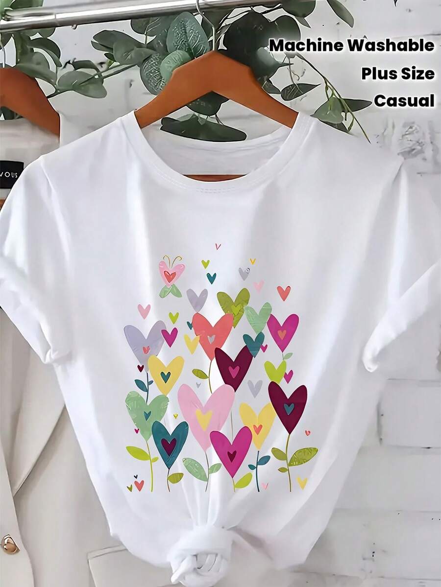 Plus Size - Plus Size - Women's Plus Size T-Shirt With Multicolor Heart Print For Valentine's Day - Casual Short Sleeve Crew Neck Top, Retro Vacation Style, Machine Washable, Women's Clothing For Spring Summer - 白色 - 查看 1