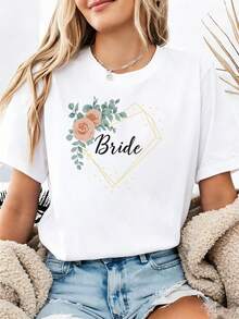 Romantic Style For Newlyweds, Elegant For Brides, Women's Short-Sleeved Crew Neck T-Shirt, Printed With A Geometric Floral Heart Pattern, Suitable For Engagement Parties, Bridal Showers, Pre-Wedding Celebrations, Weddings, Etc. 0TSS - 白色 - 查看 6